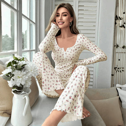 Women Casual Floral V-Neck Long Sleeve Pajama Set with Loose Pants