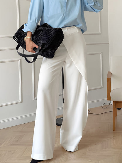 Women Casual Solid Color Asymmetrical High Waist Pants with Wide Legs