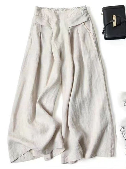 Pantalones anchos informales de algodón y lino de color liso para mujer
