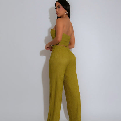 Conjunto de top y pantalón tubo con encaje floral plisado sexy a la moda para mujer