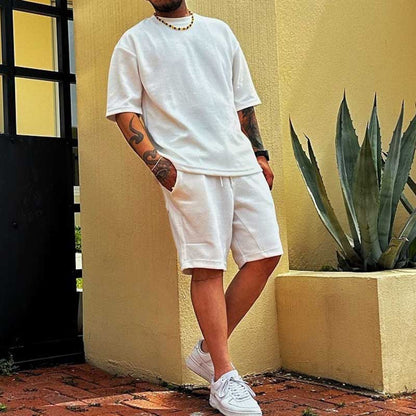 Conjunto de camiseta y pantalones cortos de manga corta de mezcla de algodón para hombre, estilo informal y vacacional