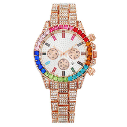 Women Fashion Colored Rhinestone Calendar Watch - Elegant Alloy Strap