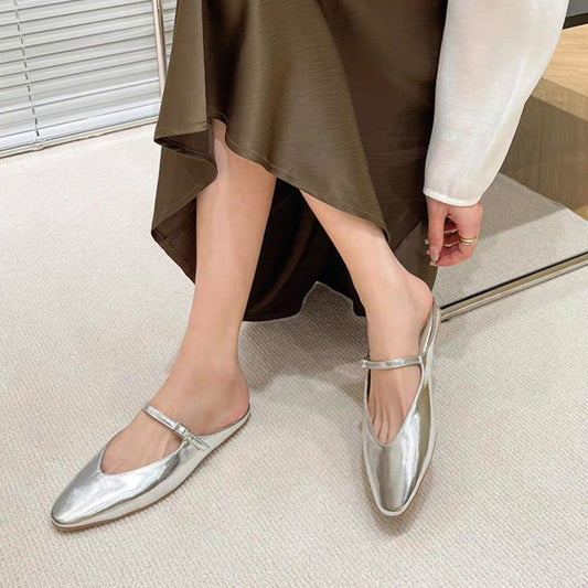 Zapatos planos plateados estilo Mary Jane con boca en V para mujer