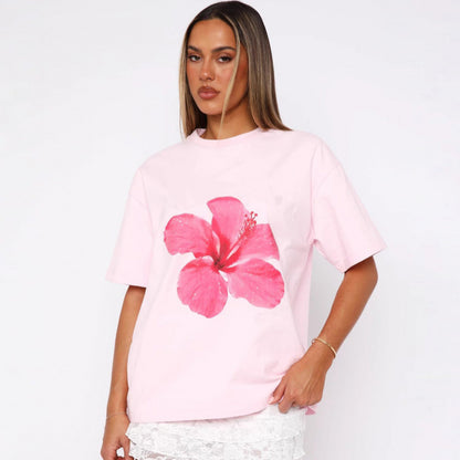T-shirt ample décontracté en coton à imprimé floral pour femme