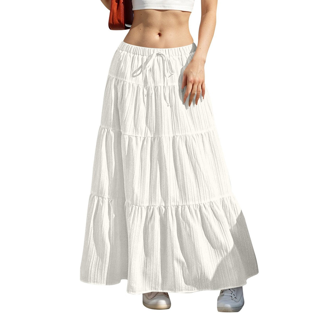 Women Casual Solid Color Drawstring Maxi Skirt with Splice Design
