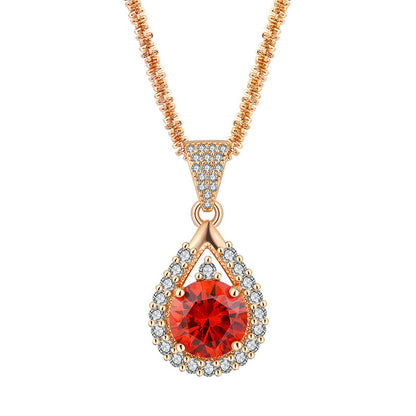 Women Fashion Elegant Garnet Red Zircon Ring Necklace Set