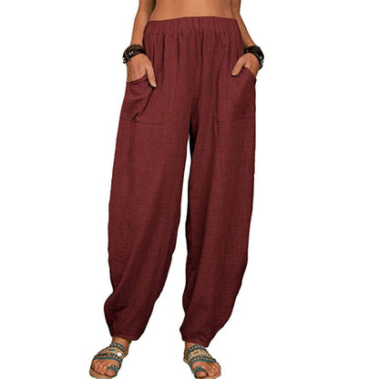 Pantalones harén de lino y algodón informales a la moda para mujer