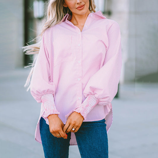 Women Fashion Casual Stripe Lapel Long Sleeve Blouse
