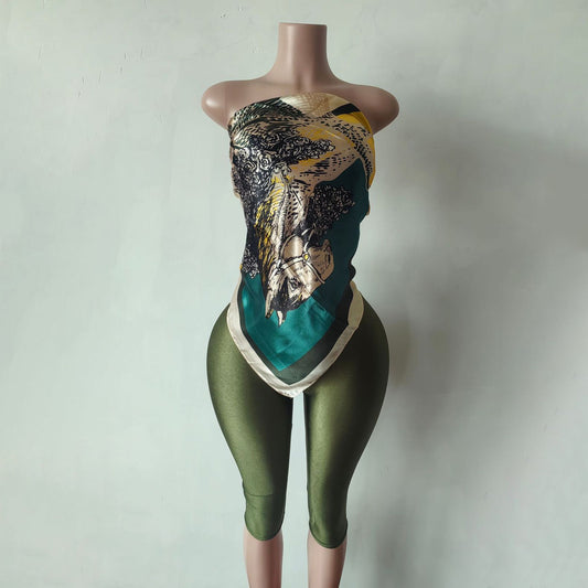 Women Fashion Sexy Printed Tube Top and Tight Pants Set