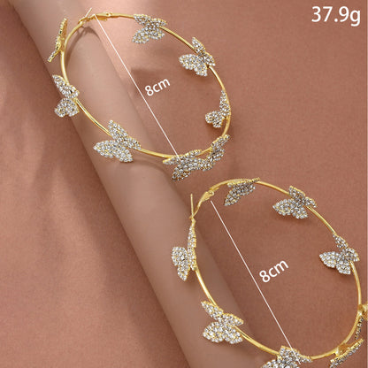 Fashion Exaggerated Rhinestone Butterfly Hoop Earrings in Gold