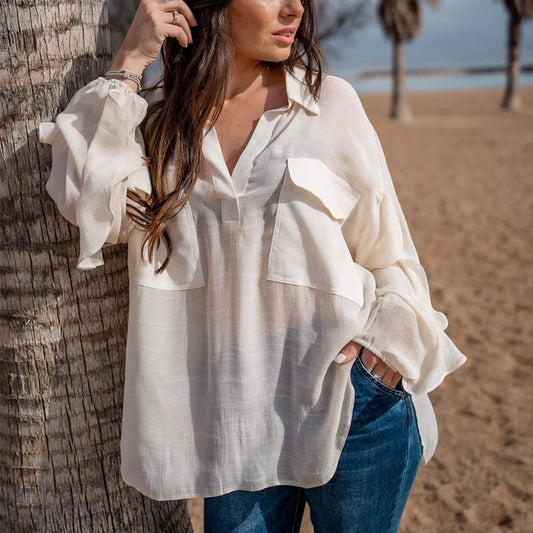 Blusa informal de manga larga con cuello en V para mujer