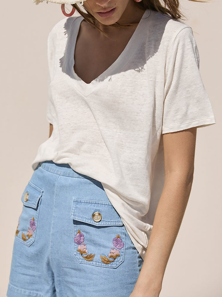 Women Casual Basic Short Sleeve V Neck Solid Color Blank T-Shirt