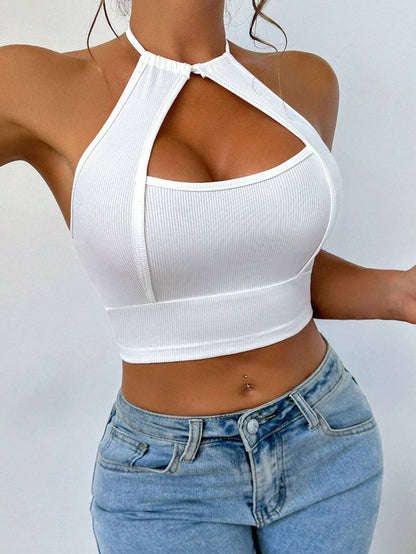Top corto calado de color sólido sexy a la moda para mujer