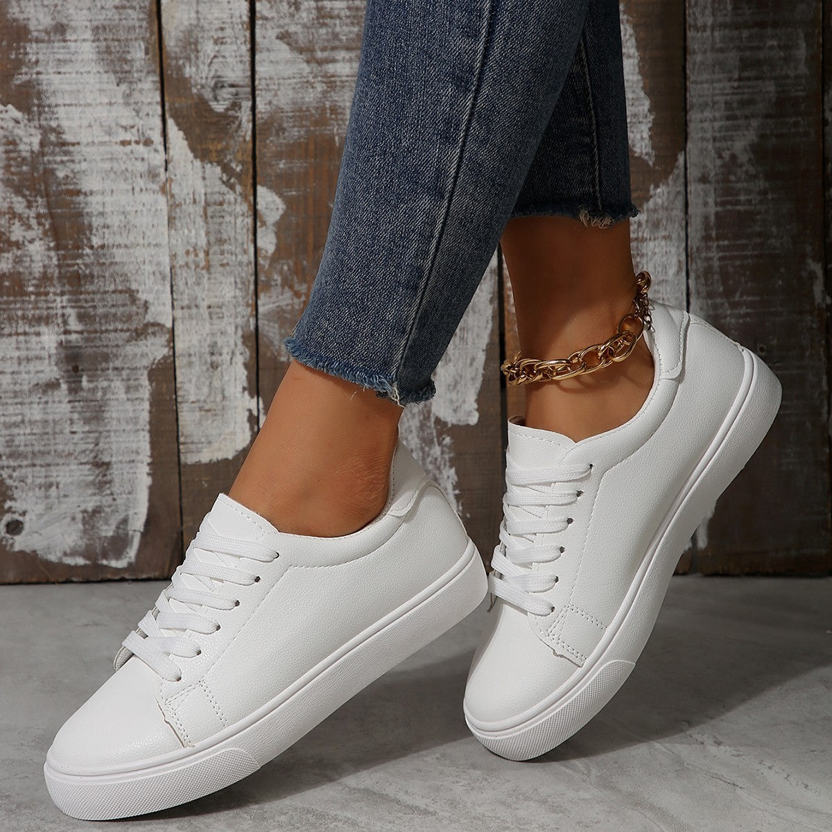 Zapatillas planas informales blancas con cordones para mujer