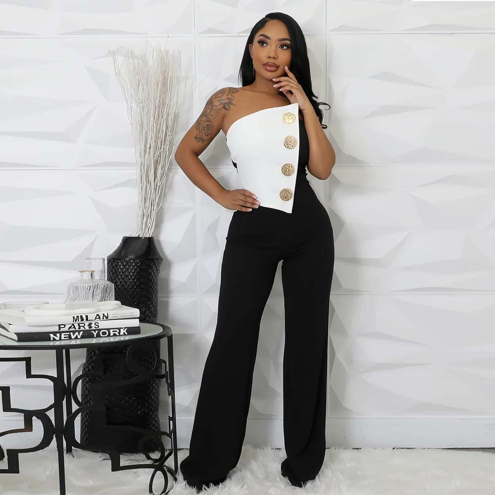 Women Fashion Sexy Contrast Color Sleeveless Metal Buckle Jumpsuit