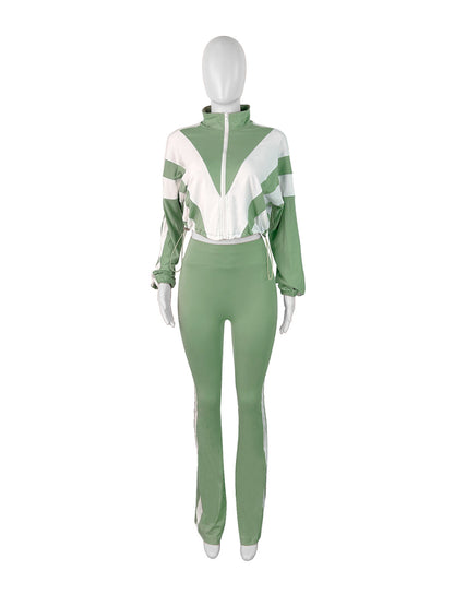 Women Athleisure Rubber Buckle Tight Waist Crop Sweatshirt Pants Set