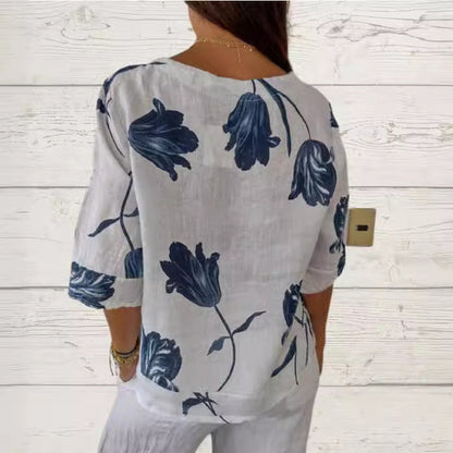 Casual Floral Printed Cotton Linen Women Blouse