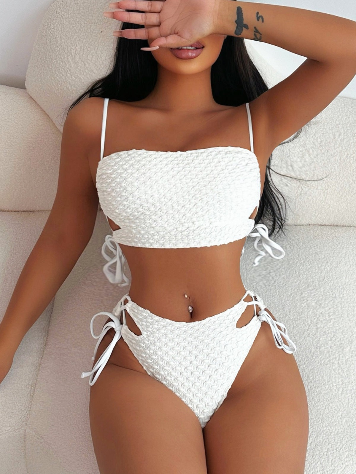 Maillot de bain sexy en dentelle avec cordon de serrage et couleur unie pour femme