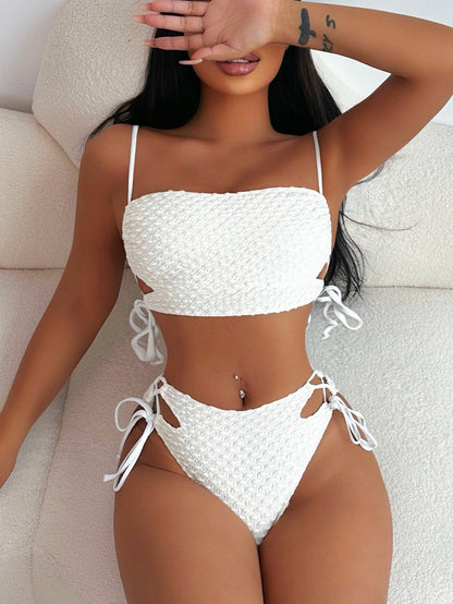 Maillot de bain sexy en dentelle avec cordon de serrage et couleur unie pour femme