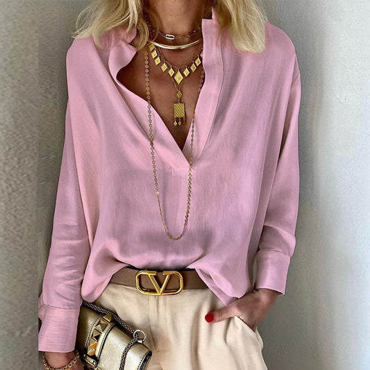 Camisa de manga larga con cuello de color liso a la moda para mujer