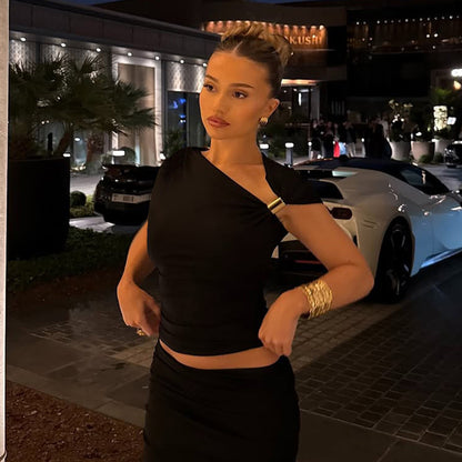 Women Fashion Sexy Solid Color Asymmetrical Crop Top