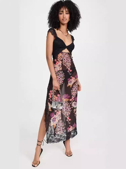 Vestido sexy de encaje calado sin mangas con abertura para mujer