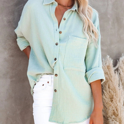 Blusa informal de manga larga con cuello en V y botones para mujer
