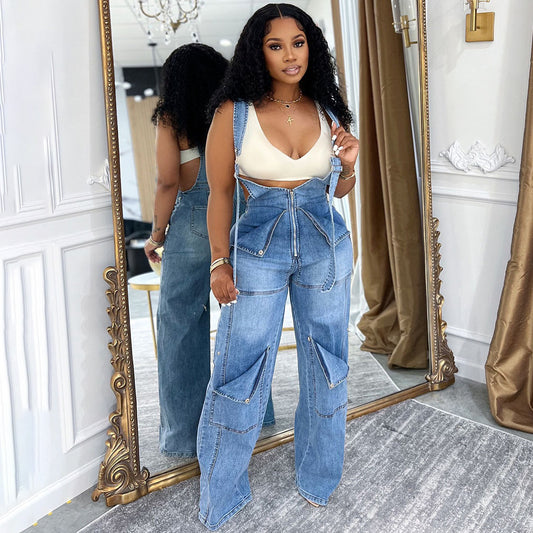 Women Casual Denim Jumpsuit Sleeveless High Waist Street Style