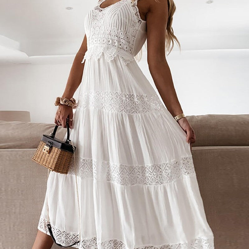 Women Fashion Boho Solid Color Lace Sleeveless Dress