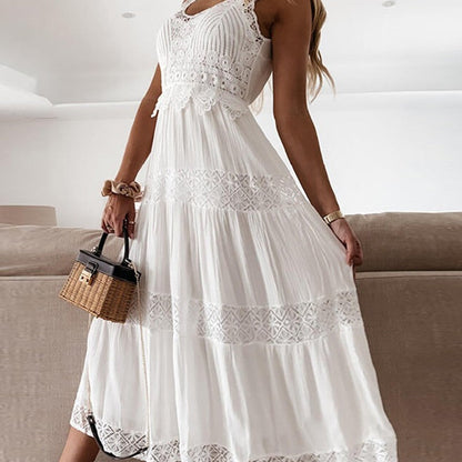 Women Fashion Boho Solid Color Lace Sleeveless Dress