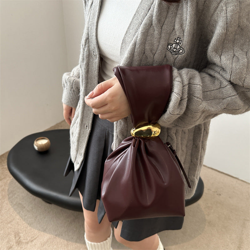 Bolso de mano retro plisado de color liso para mujer