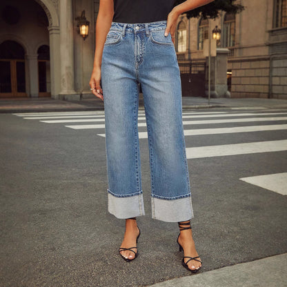 Women Fashion Casual Stretch Curled High Waist Jeans