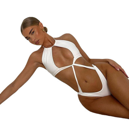 Women Fashion Sexy Solid Color Hollow-Out Backless One-Piece Swimsuit