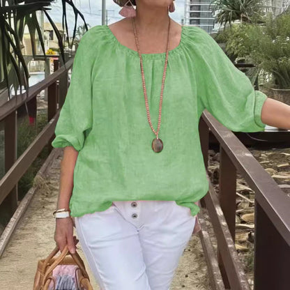 Top informal de lino y algodón con cuello redondo de color liso para mujer