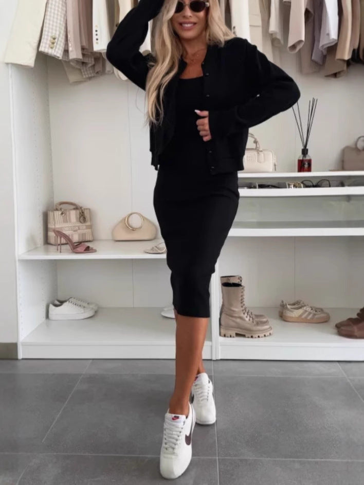 Women Solid Color Long Dress with Cardigan Top Set