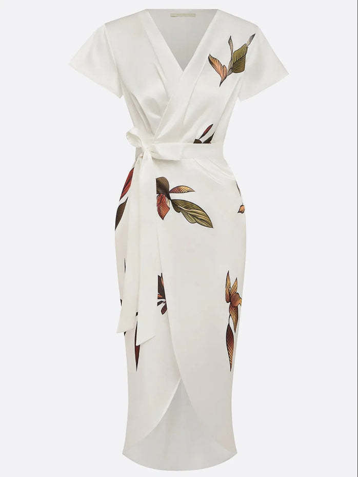 Robe décontractée en satin imprimé à manches courtes et col en V pour femme