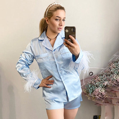 Women Fashion Loose Satin Ice Silk Long Sleeve Pajamas Set