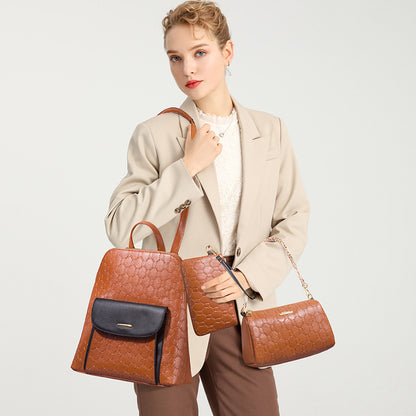 Conjunto de mochila y bolso bandolera con cadena de PU en relieve para mujer