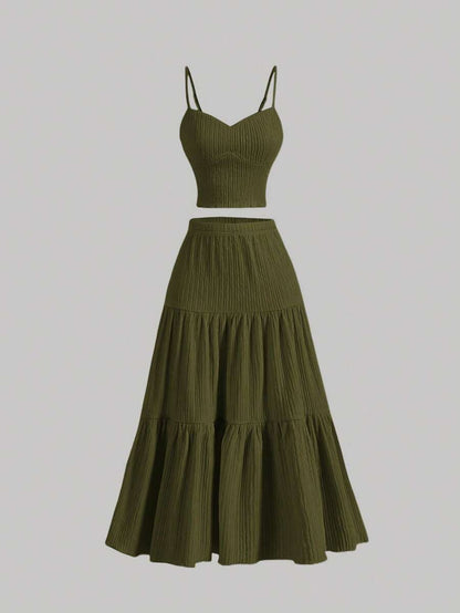Women Fashion Casual Solid Color Camisole Top Loose Skirts Two-Piece Set