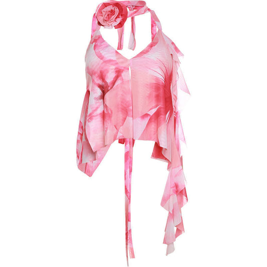 Summer Women Casual Floral Ruffled Halter Camisole