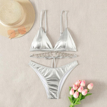 Bikini sexy de color sólido con borlas de diamantes de imitación para mujer