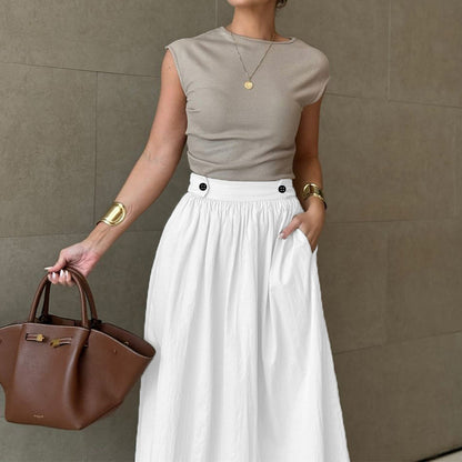 Falda midi informal de lino y algodón de color liso para mujer
