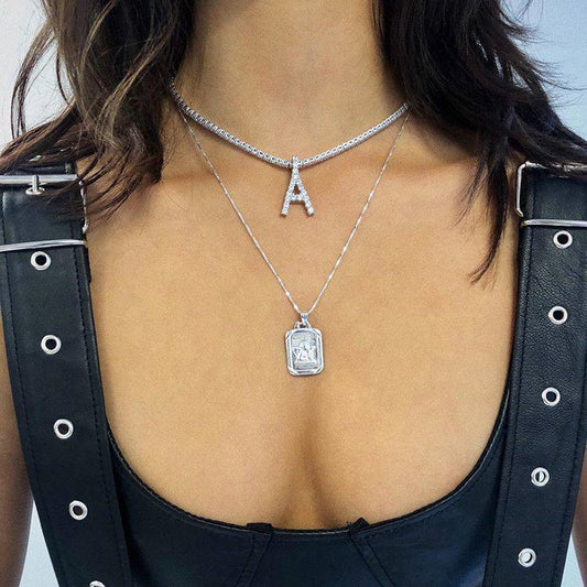 Women Rhinestone Alphabet Necklace