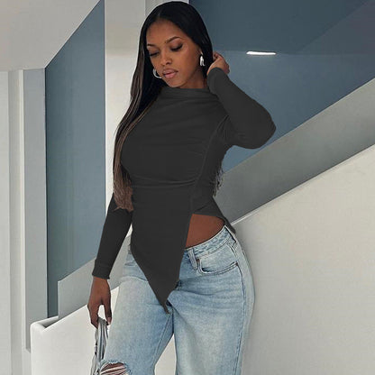 Women Fashion Solid Color Round Neck Long Sleeve Blank T-Shirt
