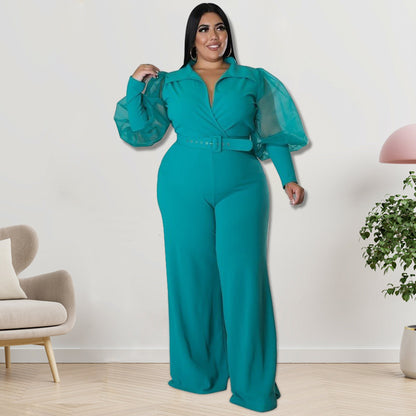 Plus Size Women Color Contrast Collar Jumpsuits