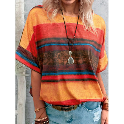 Camiseta informal de manga corta con estampado multicolor de mezcla de algodón para mujer