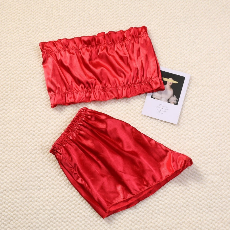 Women Sexy Solid Color Tube Top Satin Pajamas Two-Piece Set