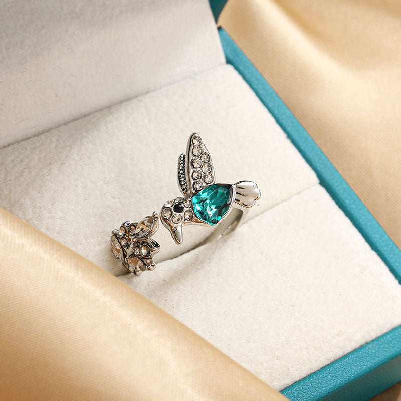 Anillo ajustable de colibrí con circonita verde para mujer - Elegante joya animal