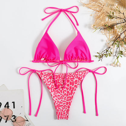 Traje de baño bikini sexy con cuello halter y estampado de leopardo para mujer
