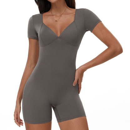 Women Solid Color V-Neck Short-Sleeve Backless Yoga Romper